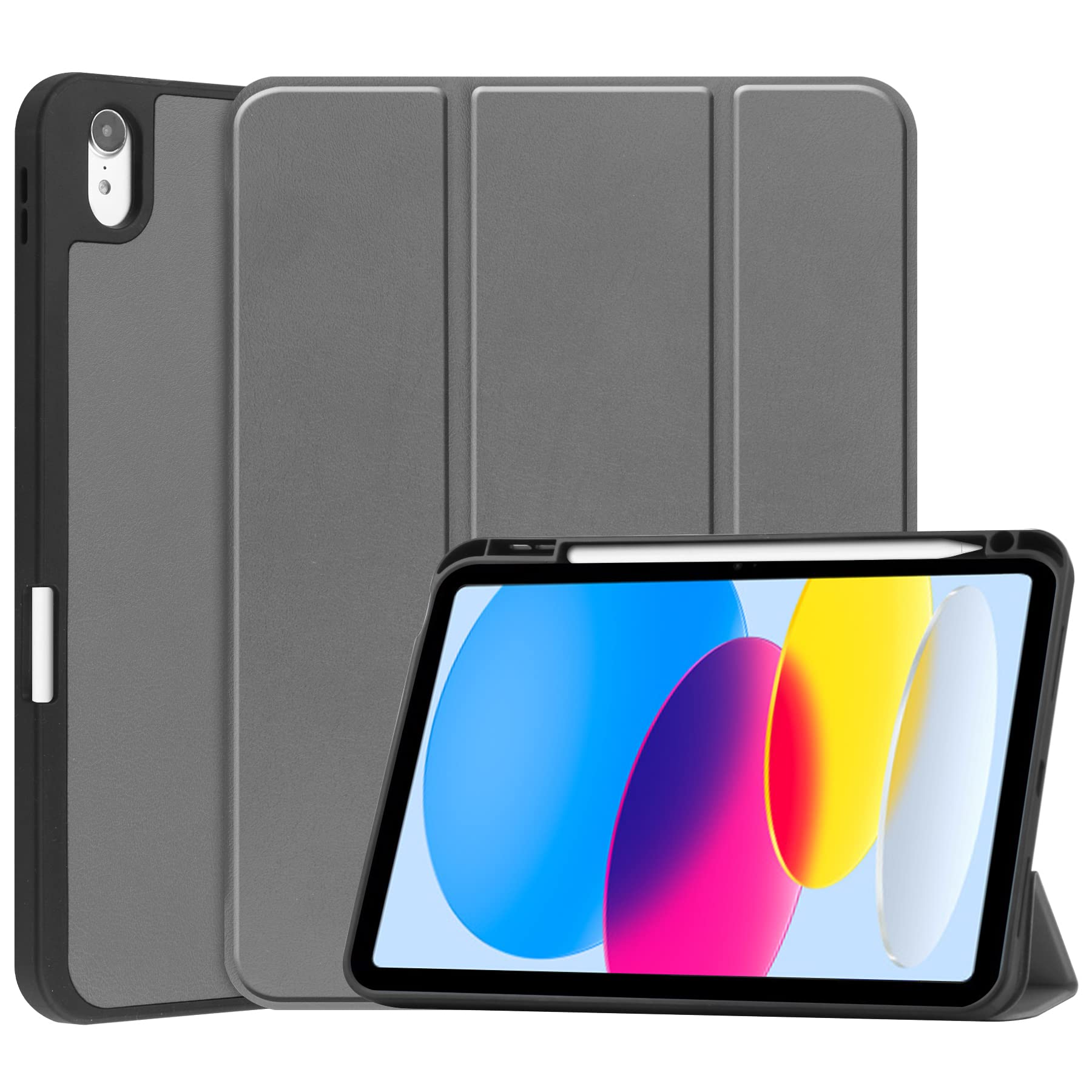 【PCATEC】iPad 11世代 (A16) 10世代 / 第10世代 2022 10.9 インチ 用 タブレットケース カバー ペン収納 TPU素材 三つ折 PUレザー 保護カバー 超薄 軽量型 スタンド機能 iPad 10.9 inch 第10世代 2022 グレー
