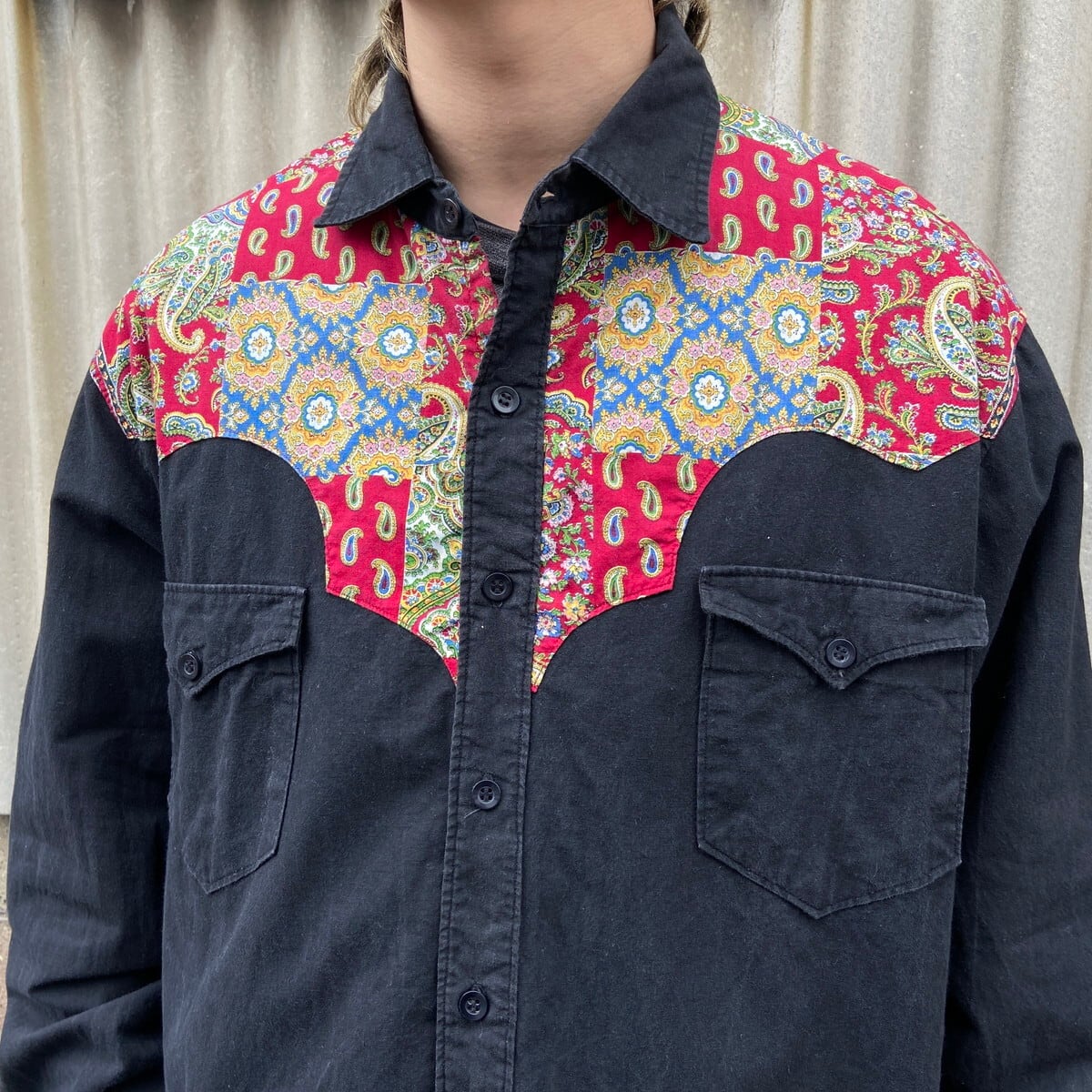 ペイズリー柄 切り替え ウエスタンシャツ メンズXL相当 古着 ブラック  