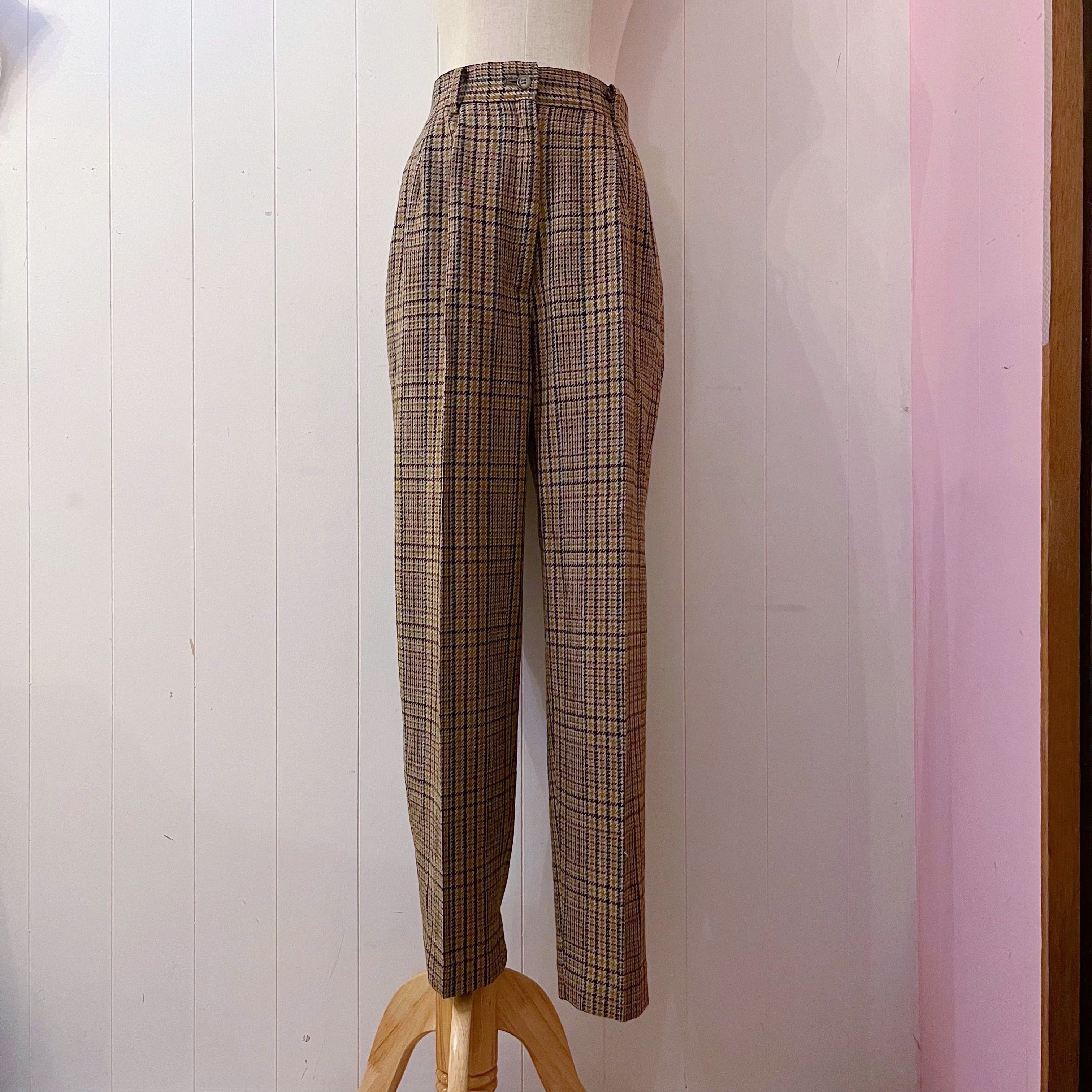 beige check wool tuck pants