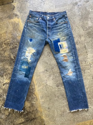 【giccio works pants TYPE "KI"】  boro"SASHIKO"KCdenim  デニム　グランジ　リメイク　青