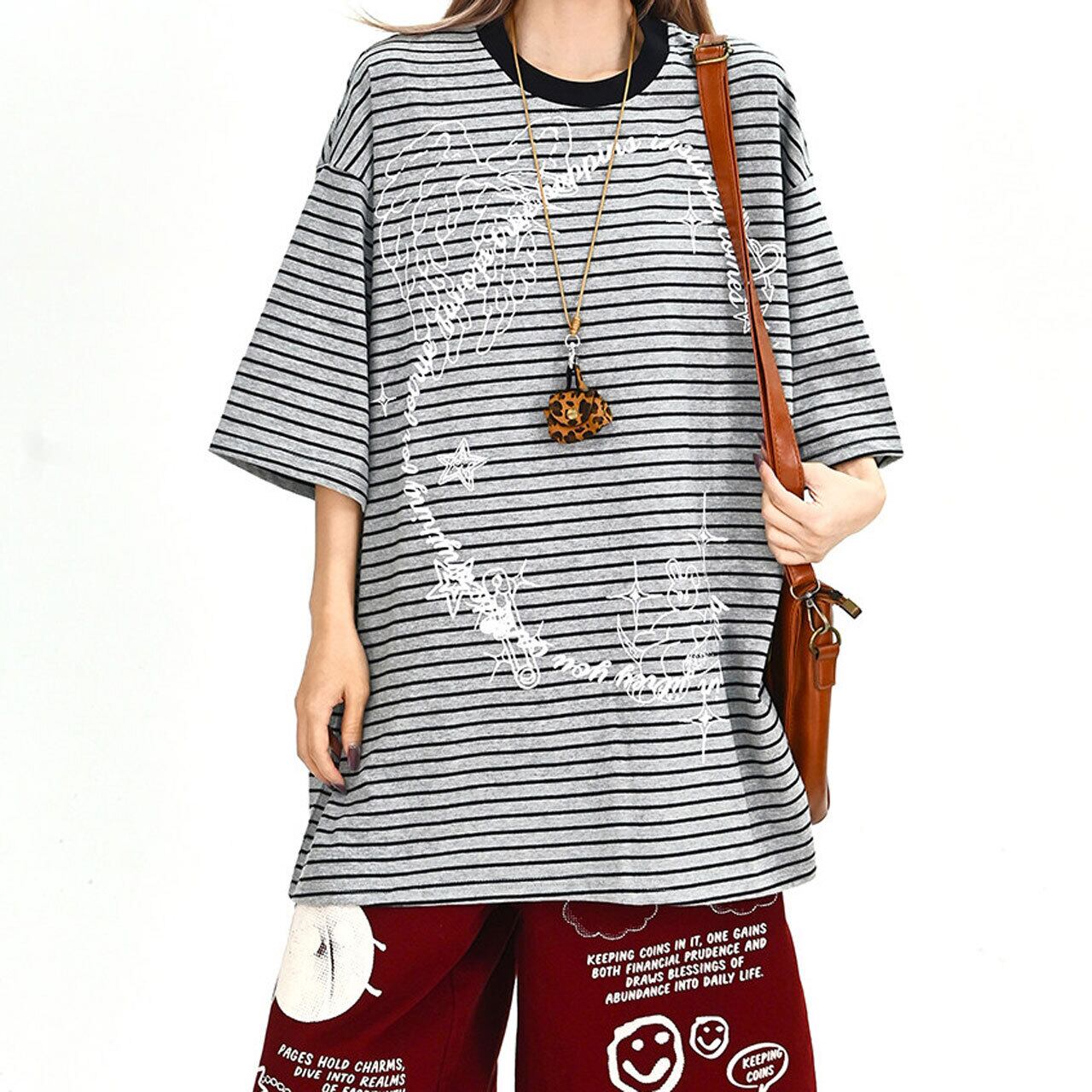 ボーダーライングラフィックプリントルーズフォルムTシャツ 2col R02014