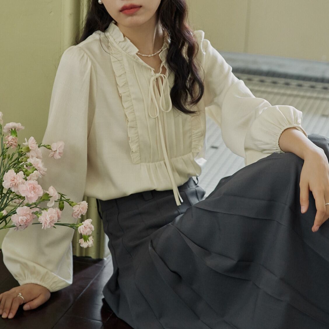 リボンタイ スタンドカラーロングスリーブブラウス 00297