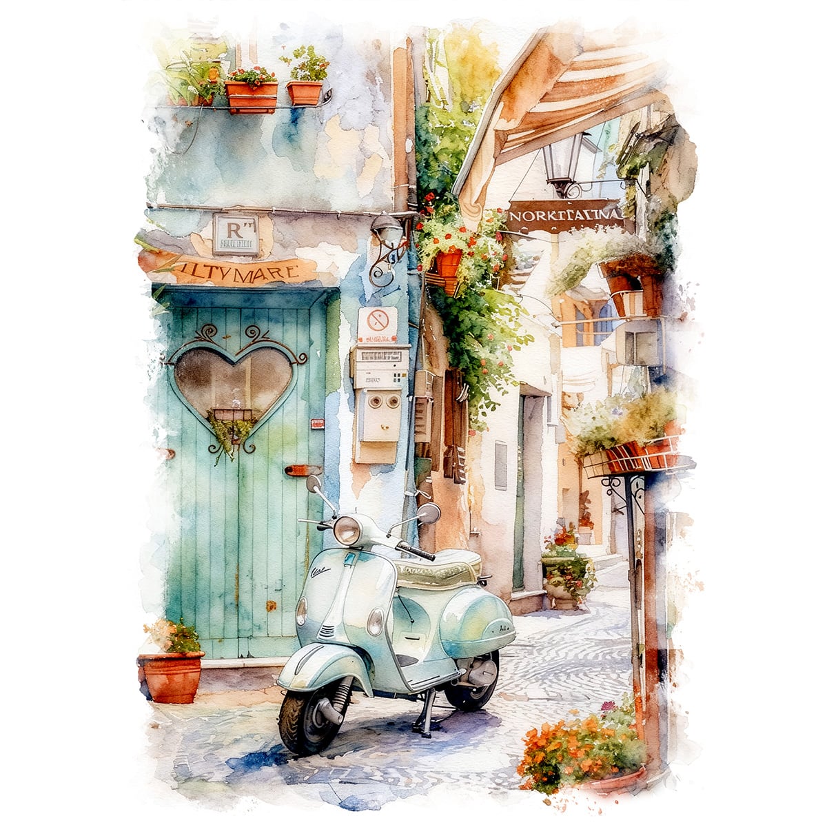 絵画 イタリア風景画(街並み) ベスパのある風景 インテリアアート額付き 水彩画・油絵調 WAT0194