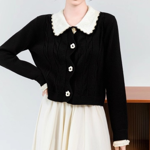 バイカラーフラワーボタンニットカーデ ・72893