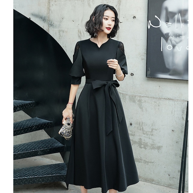 ブラック シンプル ウエストリボン ワンピース ドレス
