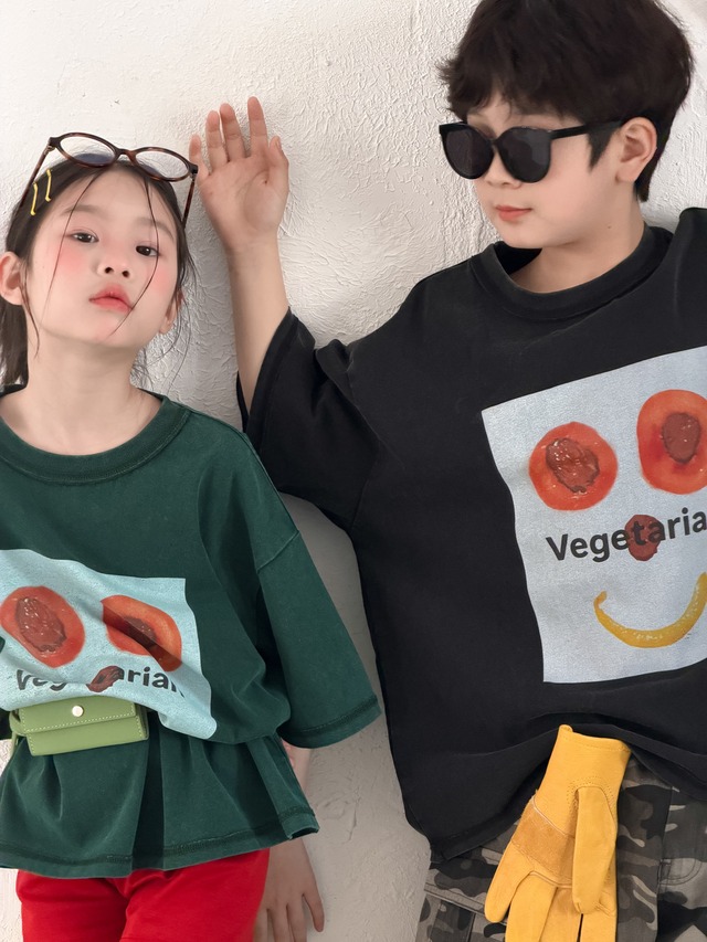 【KID】ベジタリアンフェイスプリント半袖Tシャツ - 18
