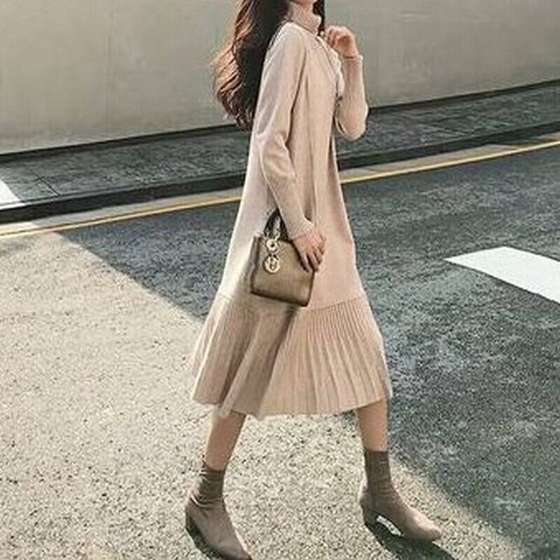 High neck frill long dress 5colors