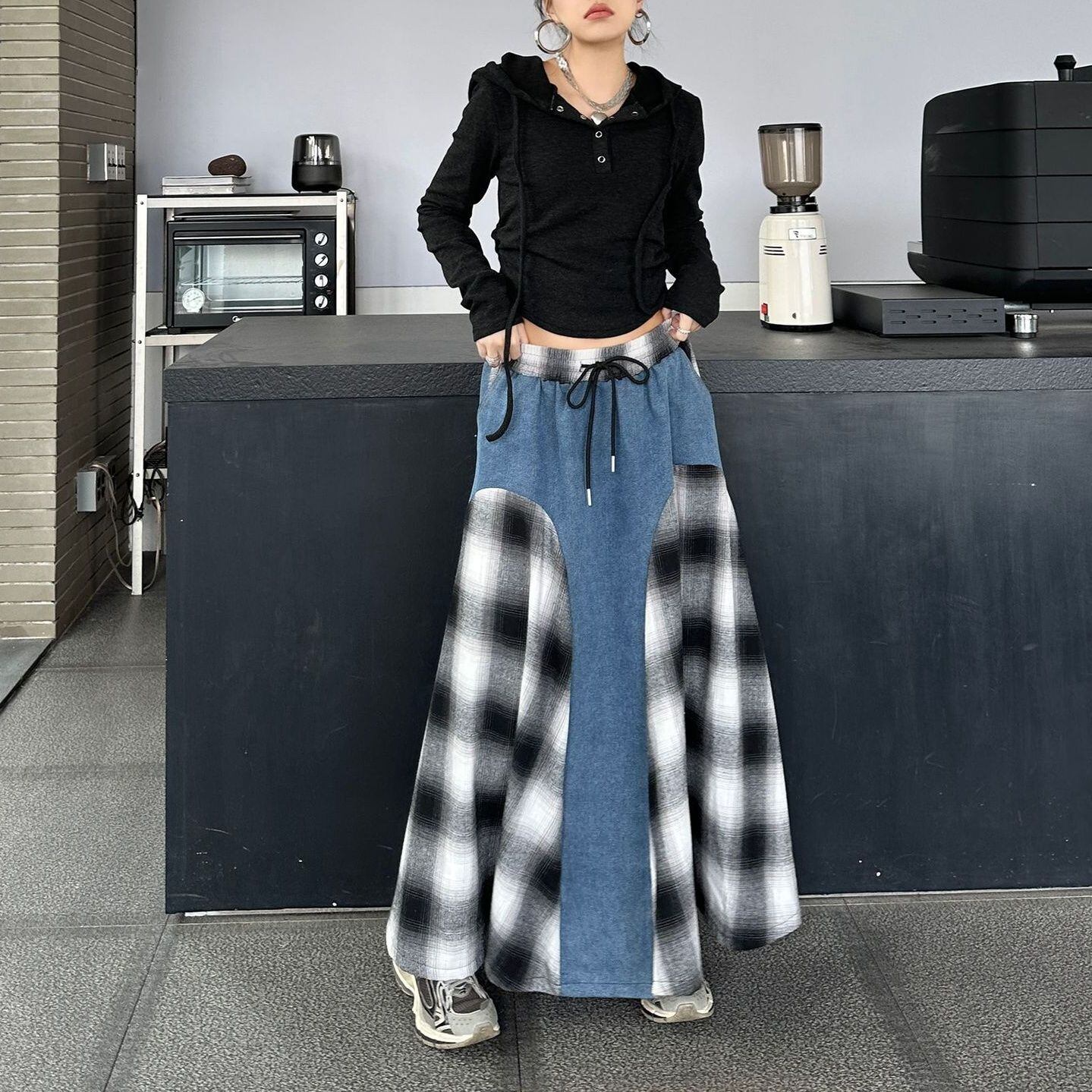 CONTRAST STITCH DESIGN A-LINE LONG SKIRT 1color M-11828