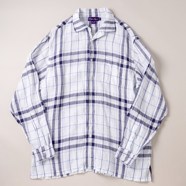 【定価10万】Ralph Lauren Purple Label special linen check shirt made in Italy  Blue mint condition ／ ラルフローレン パープルレーベル スペシャル リネン チェック シャツ ブルー イタリア製 サイズL 長袖
