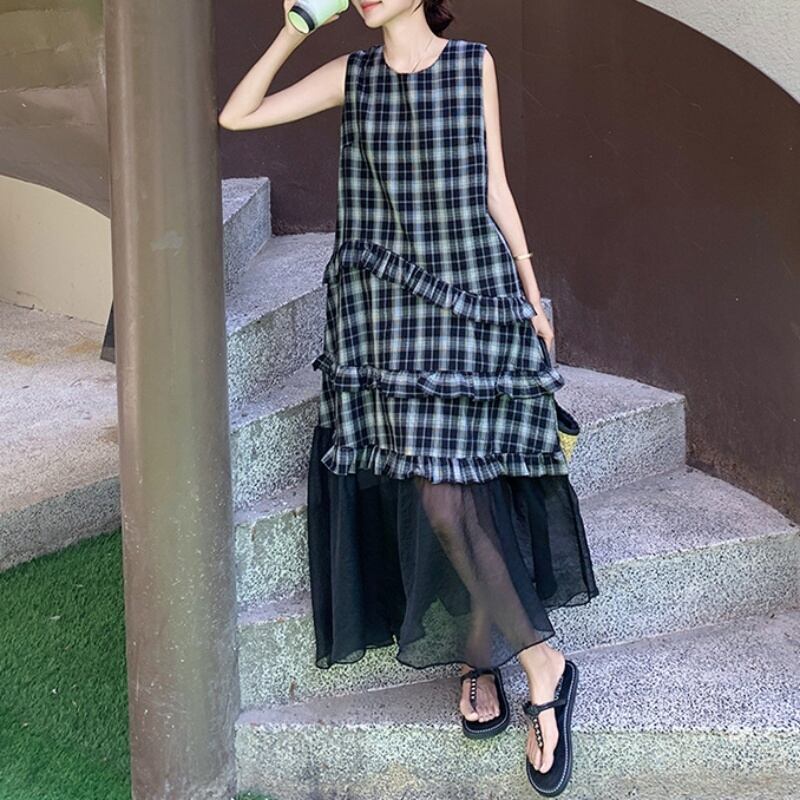 149cm〜 マドラスチェックノースリーブフリルワンピース