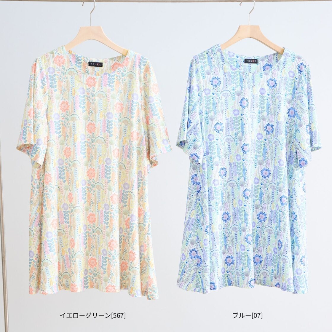 新作][TRUBE]フラワープリントAラインチュニック カットソー 花柄 半袖 