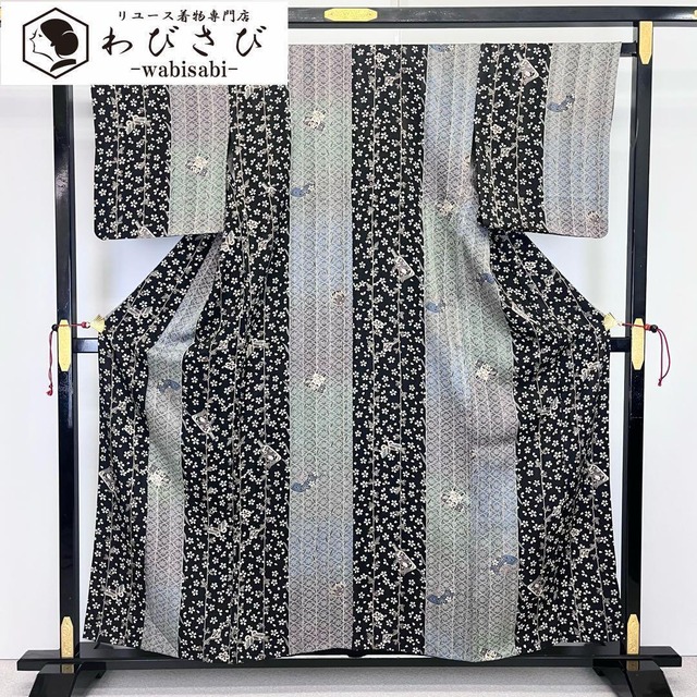 単衣 紬着物 格子柄 升目模様 錫色 K-4464（単衣 本場真綿絢結城紬 彩  