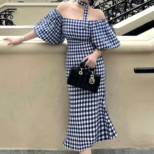 Checkered puff-sleeve dress　260402