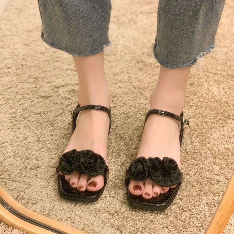 サンダルレディースサマーレッドスタイルFlowerデザイン ヒール 靴 シューズ 夏物 フラワーデザイン スクウェア 部族の婦人靴50708238795