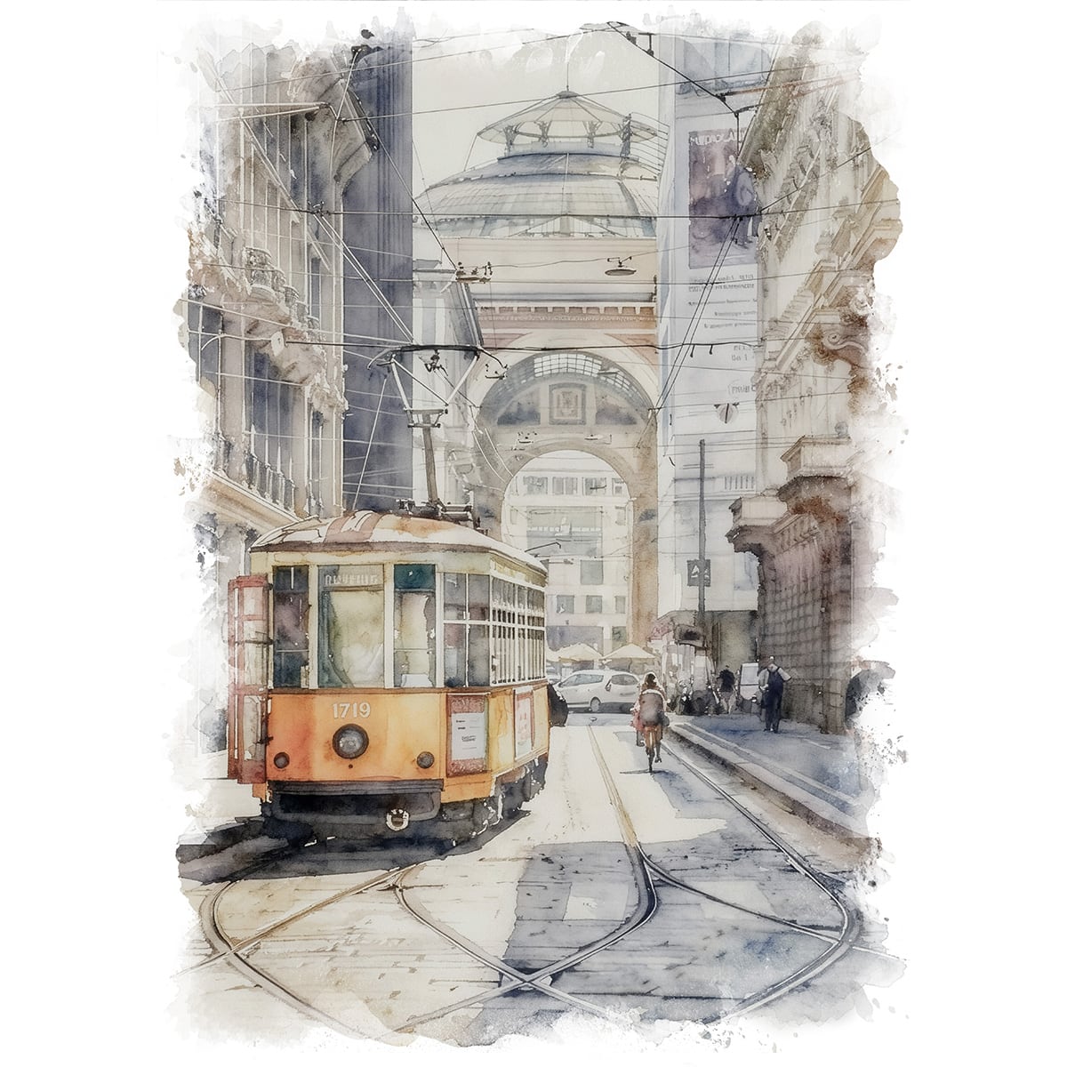 絵画 風景画(街並み) イタリア ミラノのトラムとガッレリア インテリアアート額付き 水彩画・油絵風 WAT0725