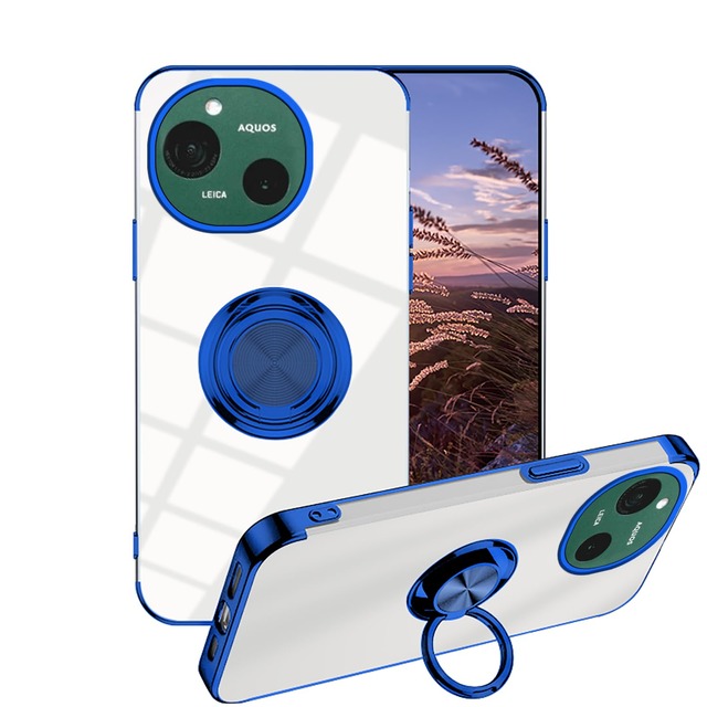 Anlalish携帯カバー 対応 Aquos R10 ケースリング Aquos R10 スマホカバー 透明 オシャレ車載ホルダー対応 人気 耐衝撃 持っているカメラ保護 (青)