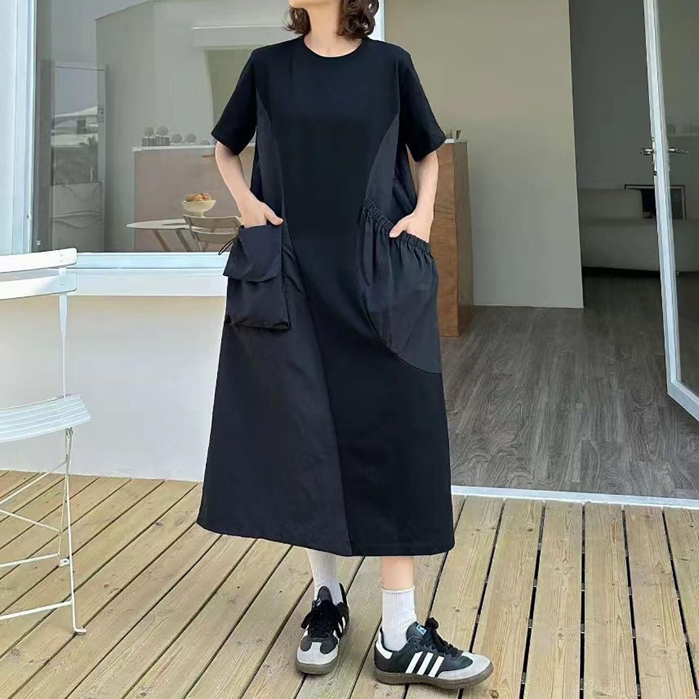 CONTRAST PANEL RELAXED SHORT SLEEVE MIDI DRESS M-17250