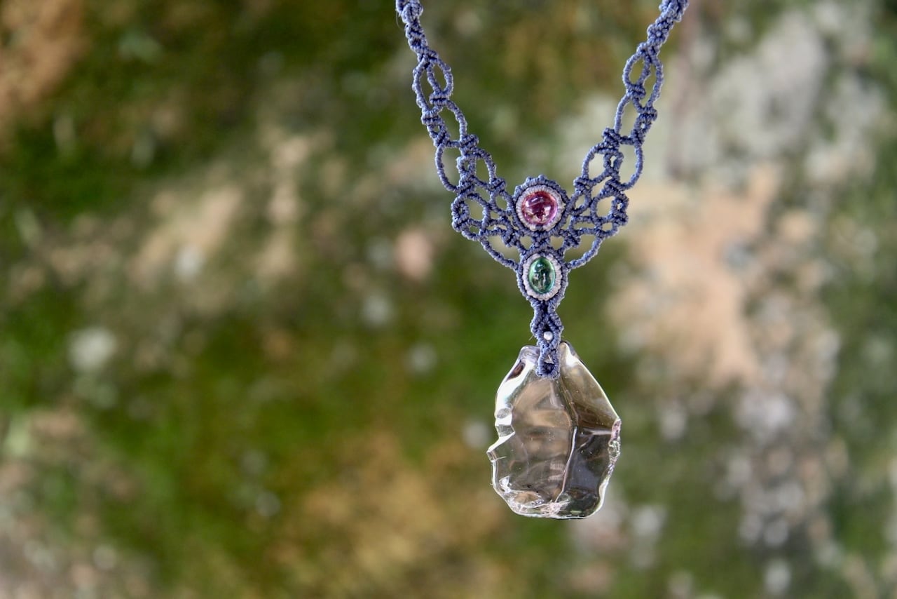 Healing Smoky quartz & Rhodolite Garnet & Peridot  micro macrame necklace