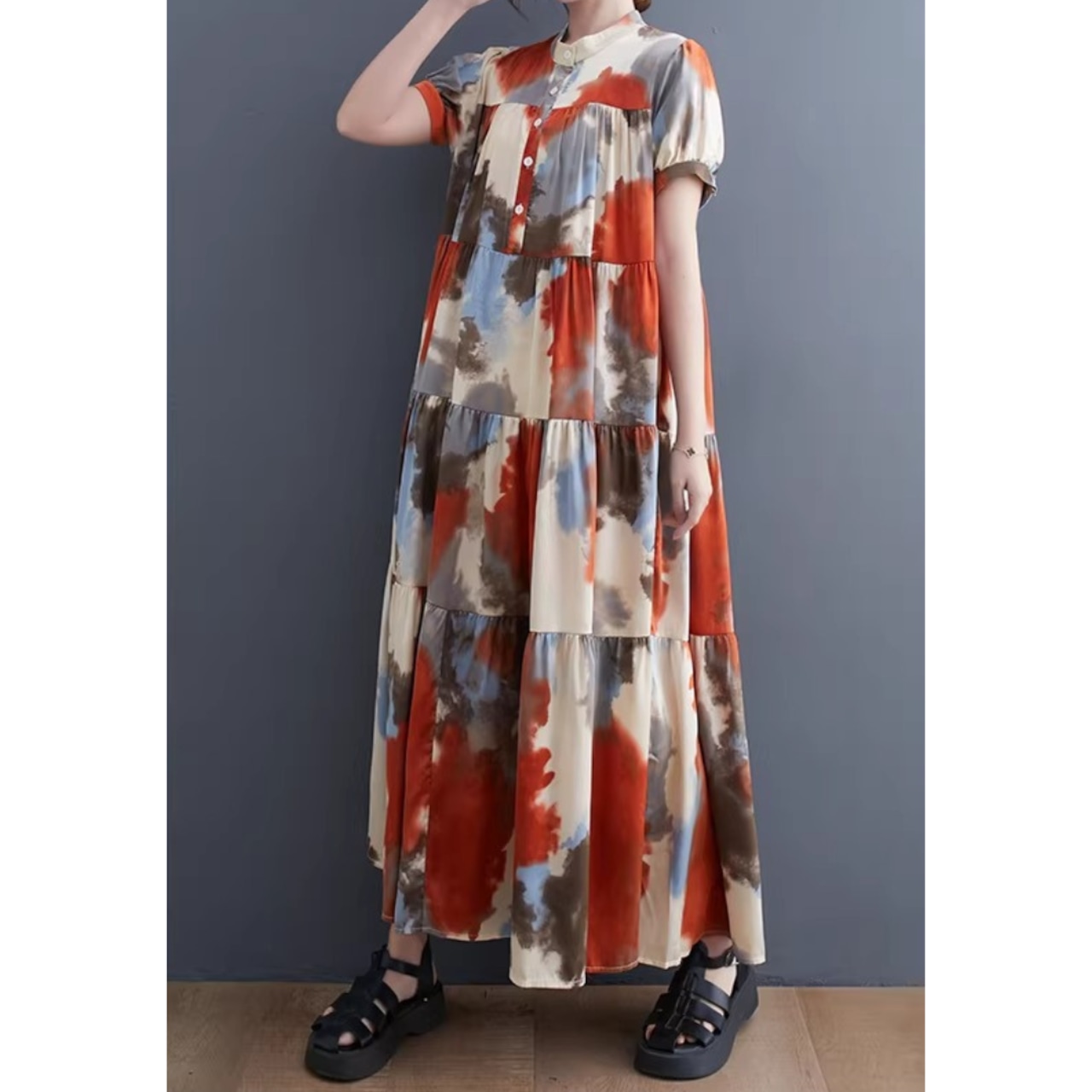 アート柄 ティアード ワンピース 30200