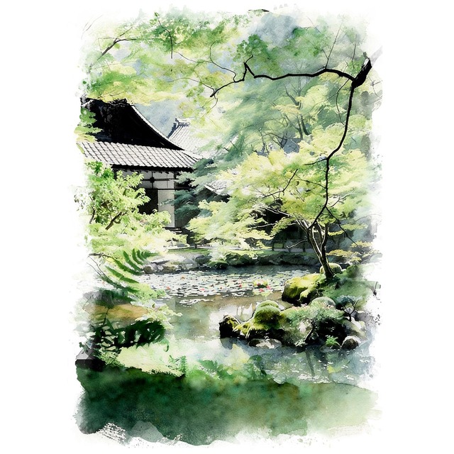 絵画(風景画) 日本 京都府南禅寺方丈庭園 インテリアアート額付き 水彩画・油絵風 WAT0783