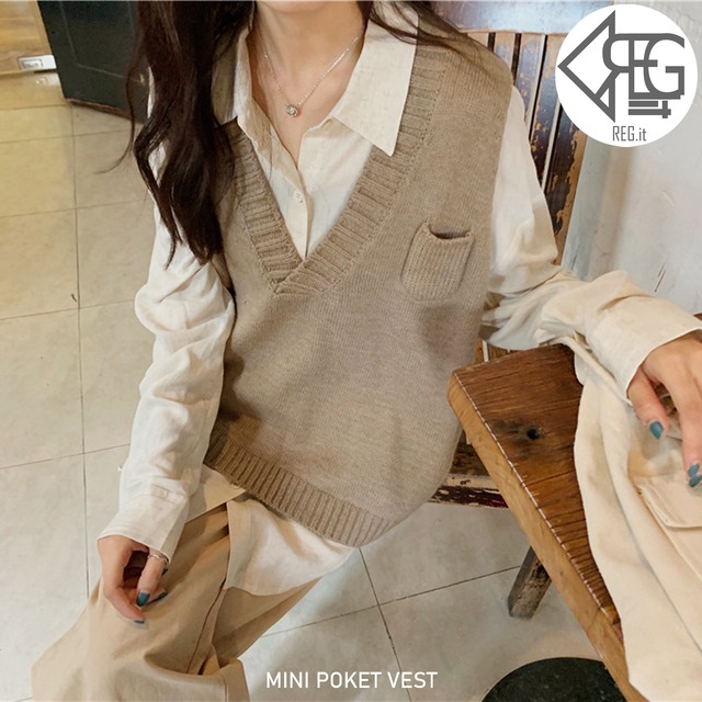 【REGIT】【即納】MINI POCKET VEST 韓国ファッション ニットベスト シンプルコーデ ベーシックアイテム 着回し 10代20代30代 プチプラコーデ レイヤード ブラウン TON002