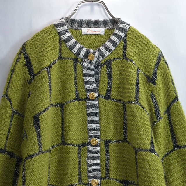 90～00s Diamond ビーズデコレーション デザイン 総柄 モヘアニットカーディガン ジャパンヴィンテージ グリーン 昭和レトロ ビンテージ 古着 レディースXL相当
