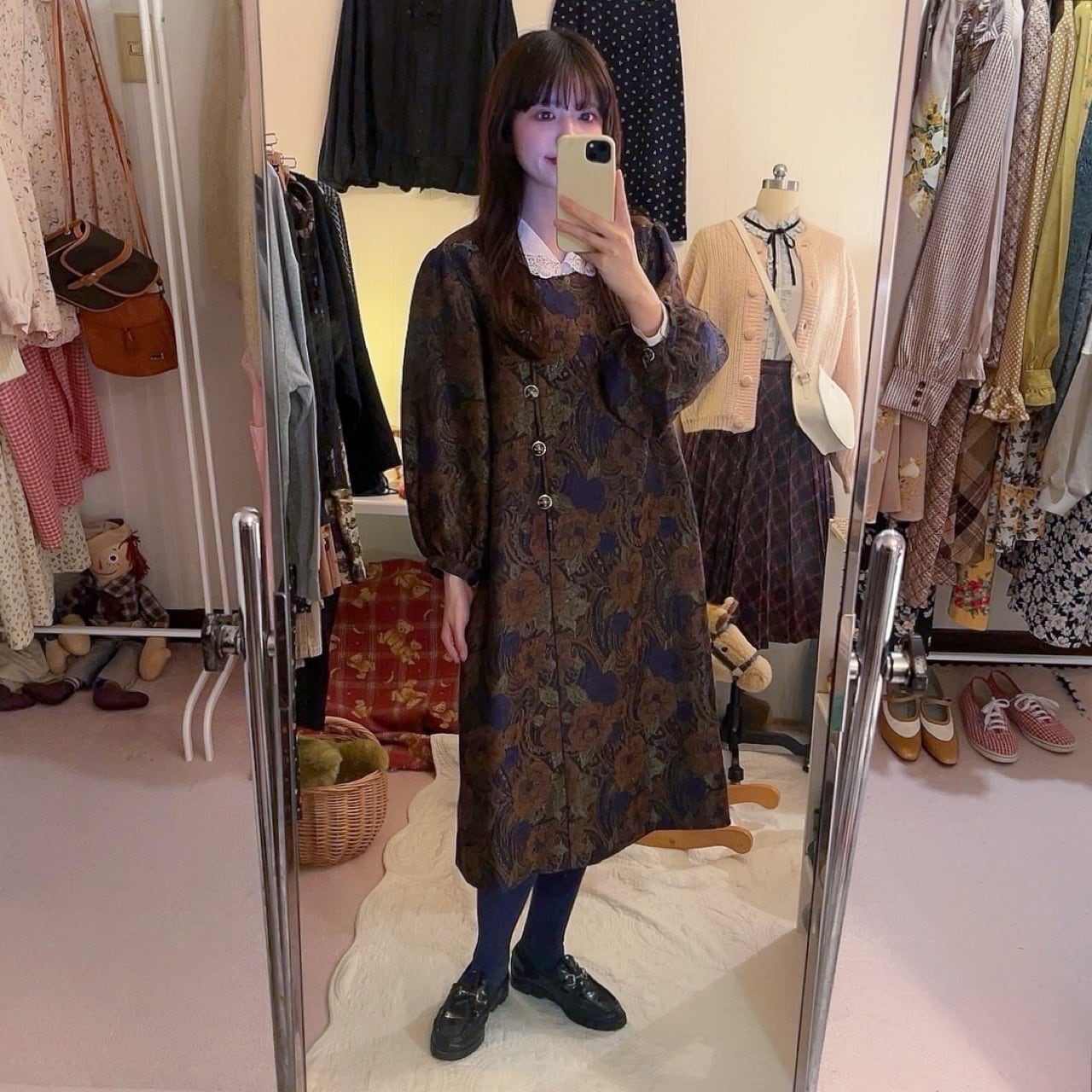 purple gold flower puff sleeve one-piece