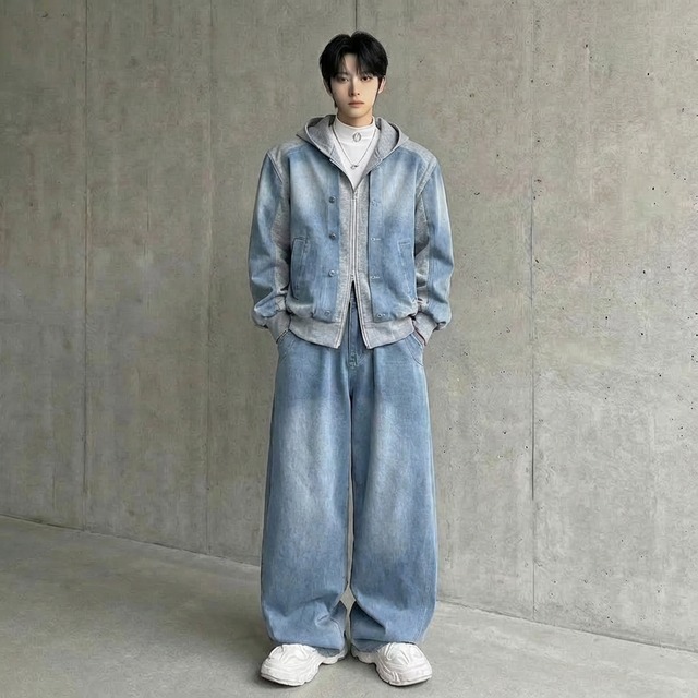 フェード加工 切替デニムフーディー＆ワイドパンツセットアップ 2カラー D12213