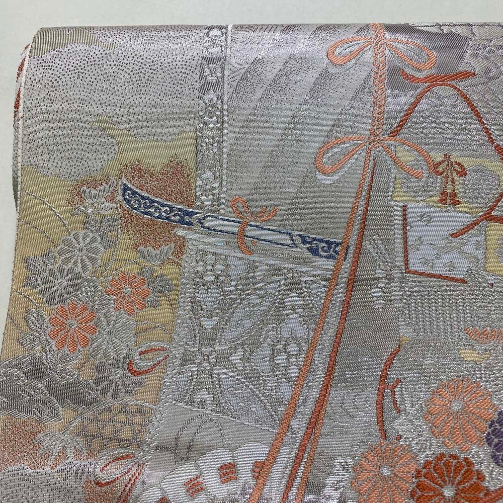 【袋帯】刺繍 ピンク シルバー 六通柄袋帯 色無地 訪問着 付け下げ 中古 礼装 正絹 仕立て上がり リサイクル 420cm 2840 袋帯】未仕立て 帯 礼装 白地 銀 シルバー 家 菊 松 訪問着 付け下げ