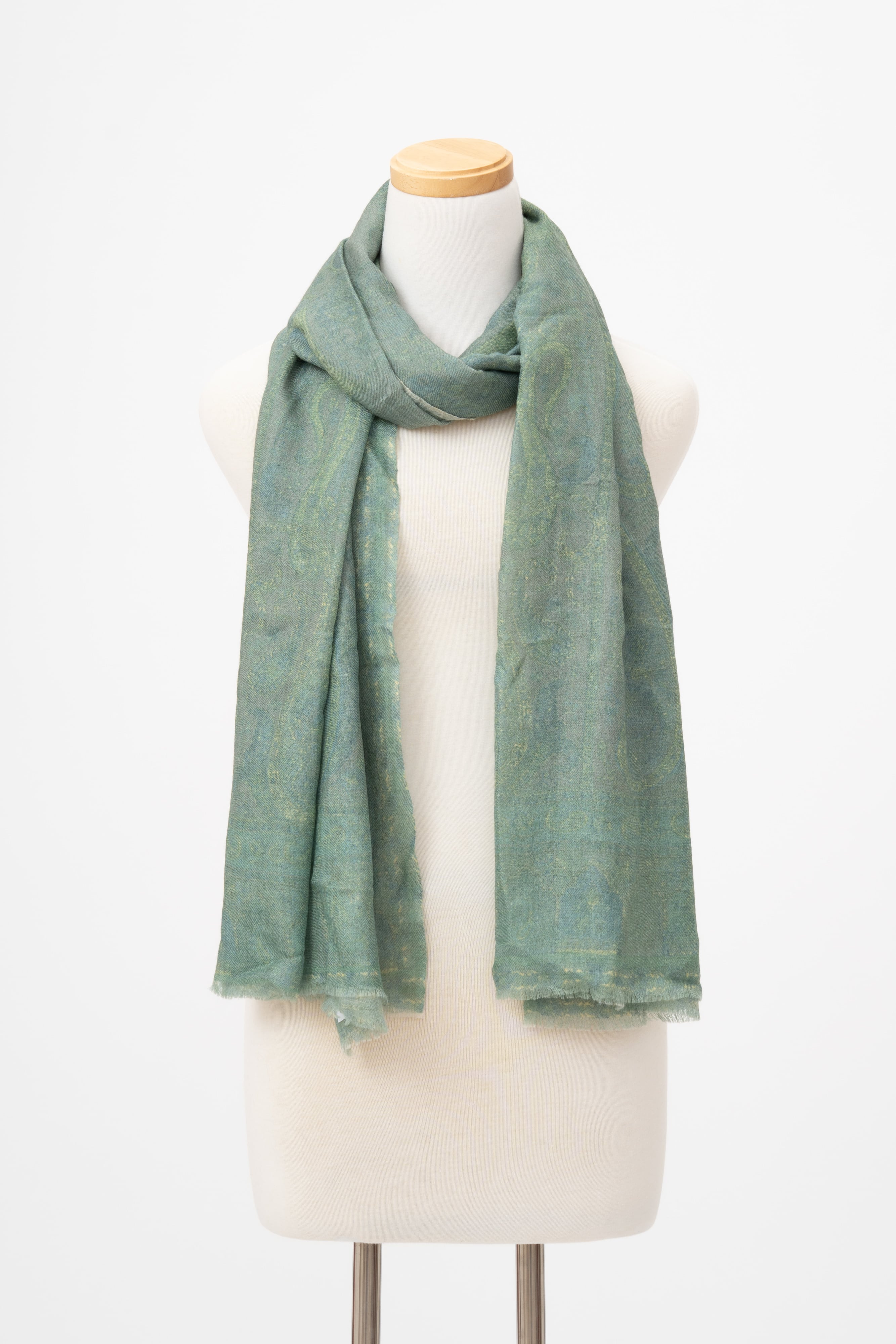 Okazaki - オカザキ/エメラルドグリーン カシミヤ100%プリントストール