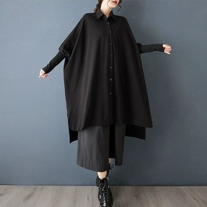 BLACK KNIT LONG CUFFS HIGH-LOW HEM WIDE TUNIC SHIRT 1color M-14848