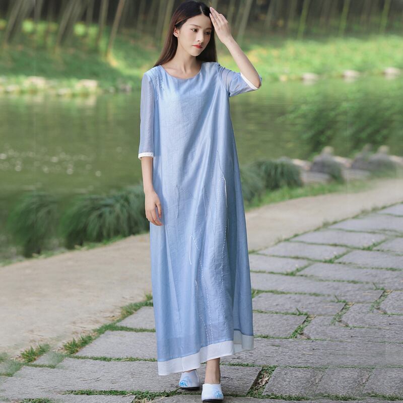 チャイナ風ワンピース 改良唐装 改良漢服 チャイナ風服 改良型チャイナドレス 女子会 同窓会 合わせやすい ラウンドネック 七分袖 ロング丈 S M L 普段着 民族風 ゆったり ブルー 青い Elegant