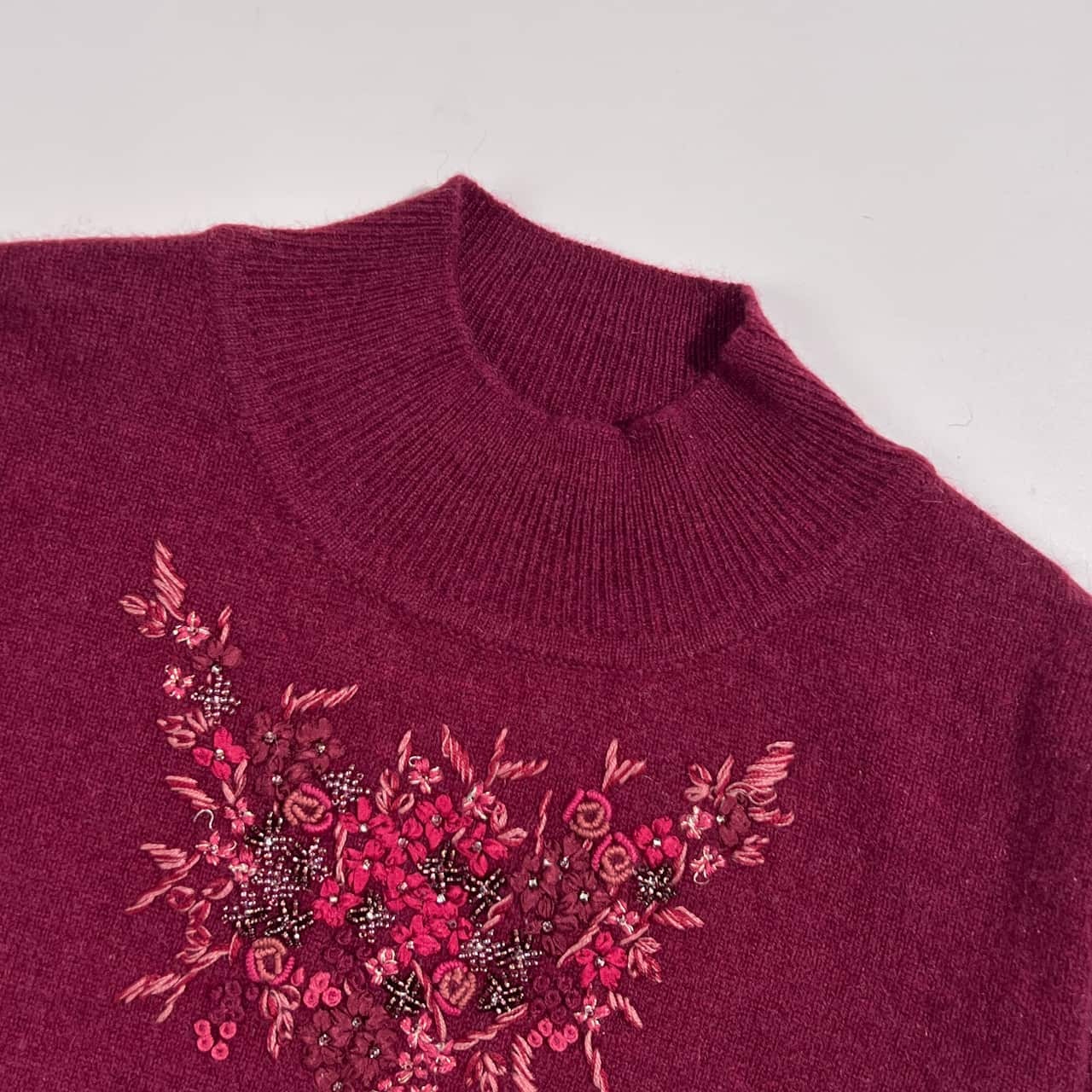カシミヤ100% Filare フィラーレ ビーズ 花柄 デザイン ニット セーター 9R/赤紫系 レディース