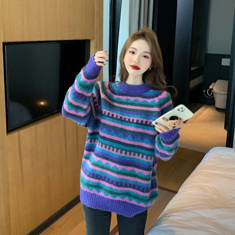 ストライプセーター レディースウィンタースタンダードルーズプルオーバー コート ジャケット レトロ 冬物 ブラックストロベリース85398623680