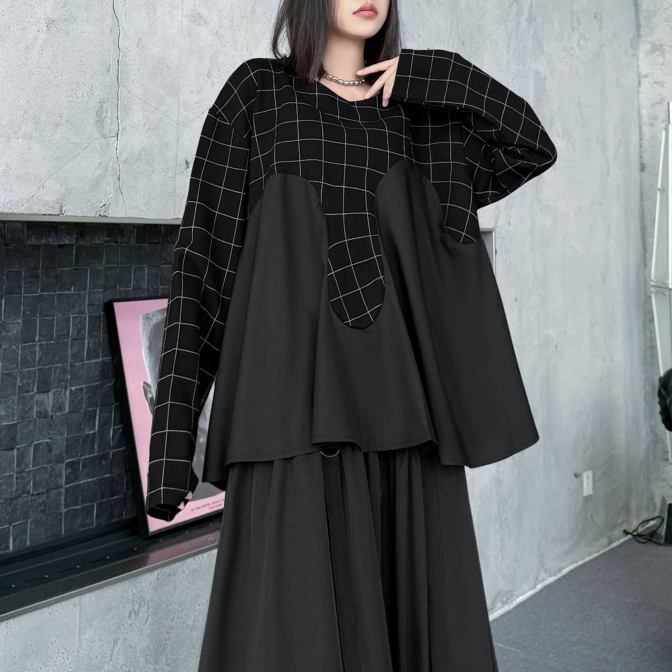 BOAT NECK STITCH A-LINE LONG SLEEVES T-SHIRT 1color M-15158