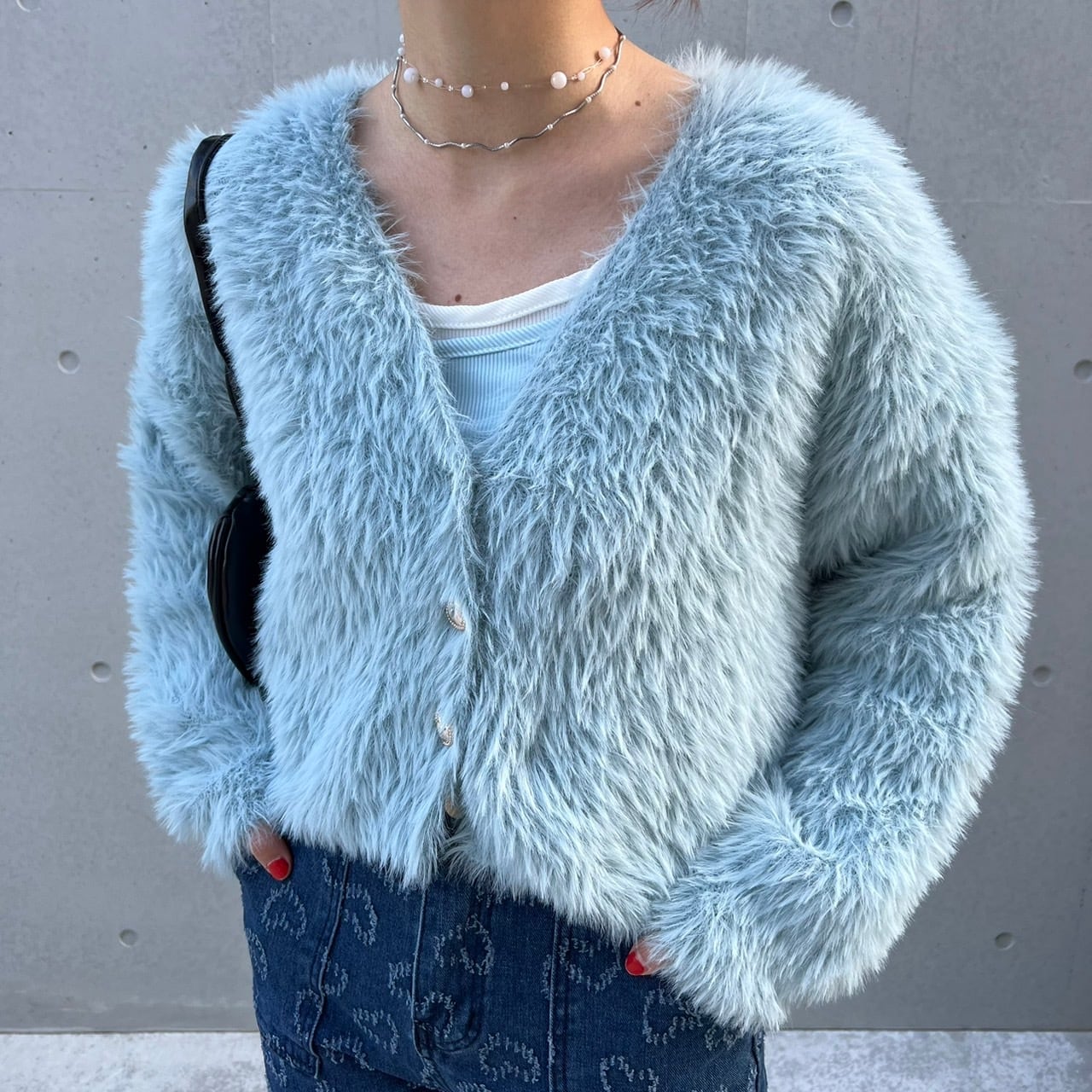 ハートビジューボタンモヘアライクカーディガン_LN01970