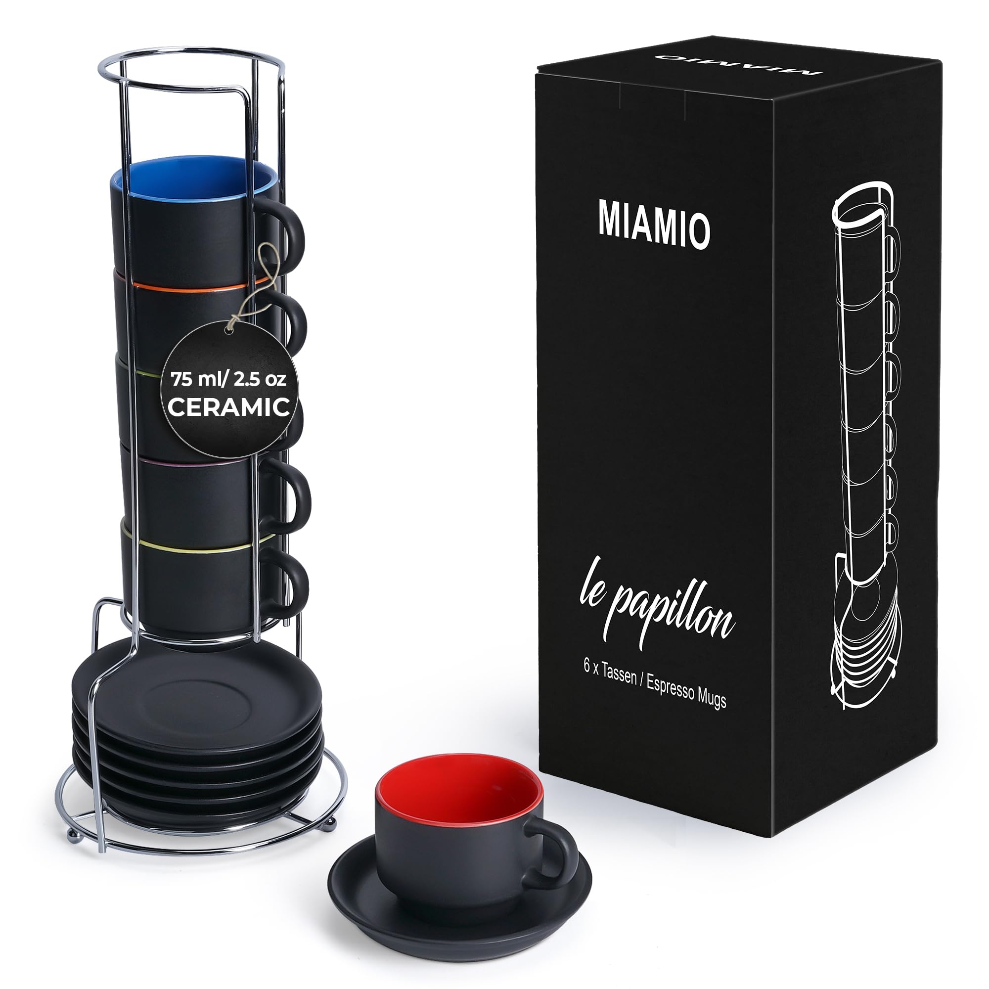 【在庫処分】MIAMIO - 75 ml × 6個 せっ器 エスプレッソ マグ/カップ セット 外側 ブラック 内側 カラフル