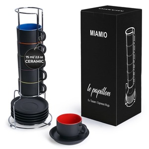 【在庫処分】MIAMIO - 75 ml × 6個 せっ器 エスプレッソ マグ/カップ セット 外側 ブラック 内側 カラフル