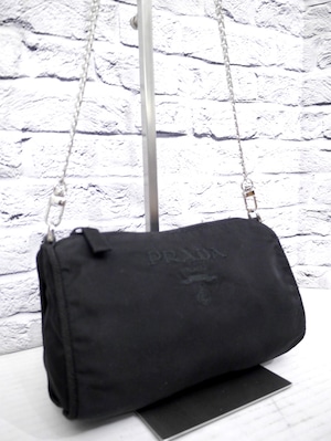 ◆PRADA プラダ ロゴ刺繍デザイン テスート ナイロン クロスボディ チェーンショルダー カメラ バッグ ポーチ ポシェット 黒◆ レアモデル