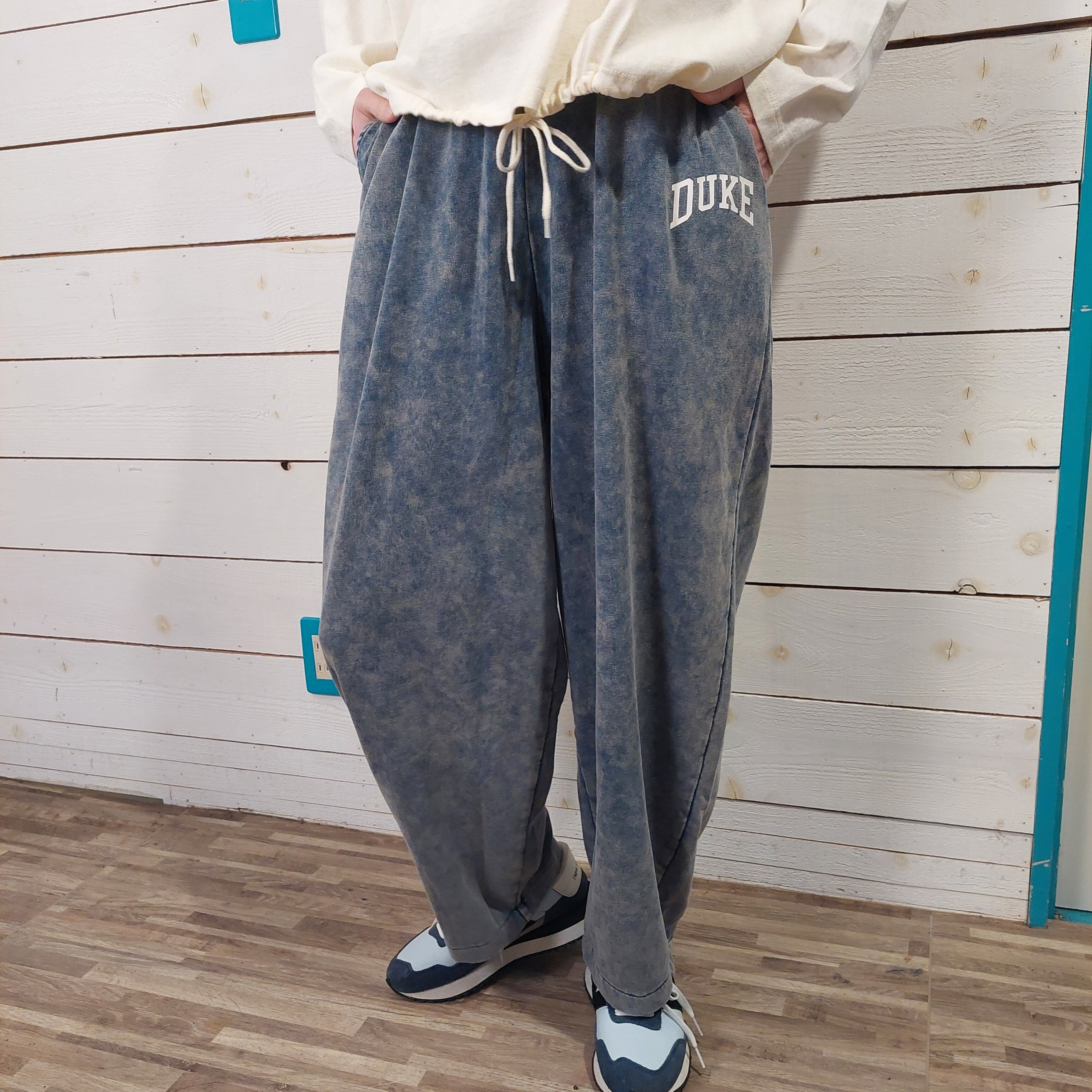 『People's』2728 裏毛 スウェット ケミカル加工 ロゴプリント パンツ DUKE セットアップ可　ウエストゴム