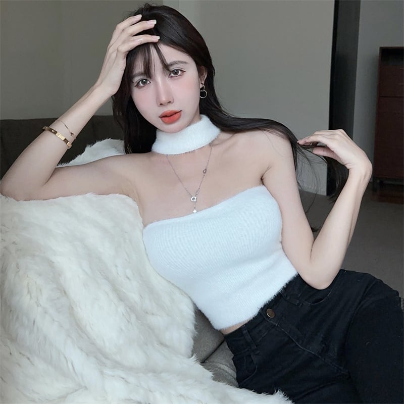 純粋な欲望ネクタイセクシーなニットホルターネックキャミソール女性の