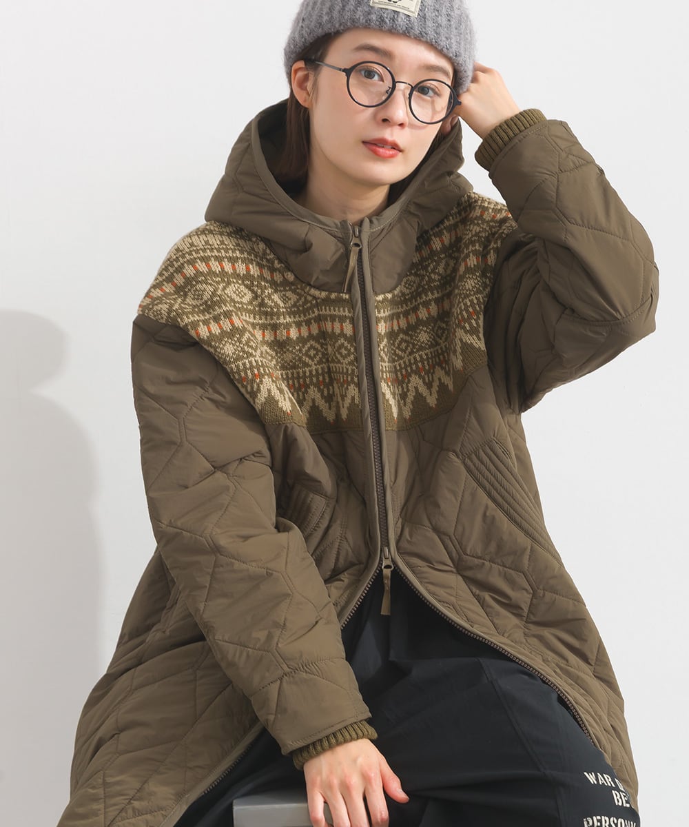 K53123 キルティングジャカードニット切替ZIPロングパーカー / Quilted