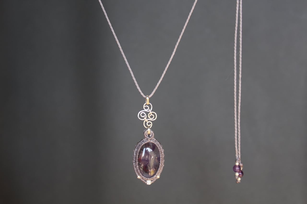 Trapiche amethyst silver925 wirework micro macrame pendant