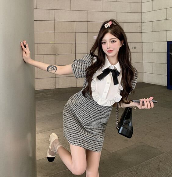 格子柄ドレス スリーブリボンカラー半袖スカート サマー ショート ハーフスリーブ 夏物 ピュア ブラックストロベリース78371719018