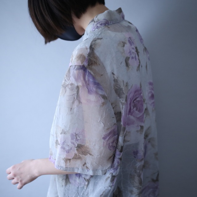 flower art pattern wrinkle fabric h/s see-through shirt