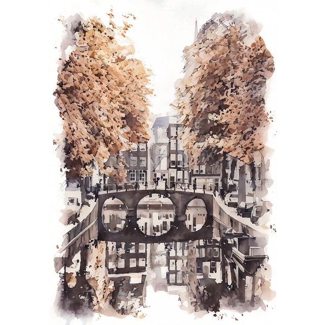 絵画 オランダ 風景画(街並み) 秋のアムステルダム運河 インテリアアート額付き 水彩画・油絵調 WAT0348