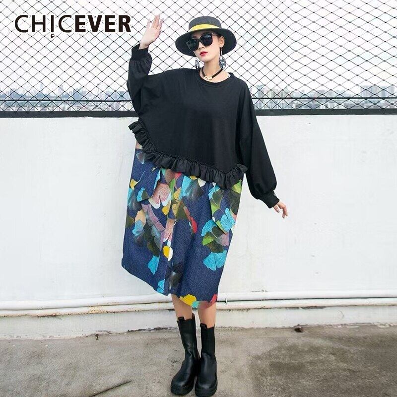 CHICEVERプリントドレスレディースOネック長袖パッチワークフリルヒットカラーオーバーサイズストレートミッドドレス2021 ロング ラッフル 6base522991274638