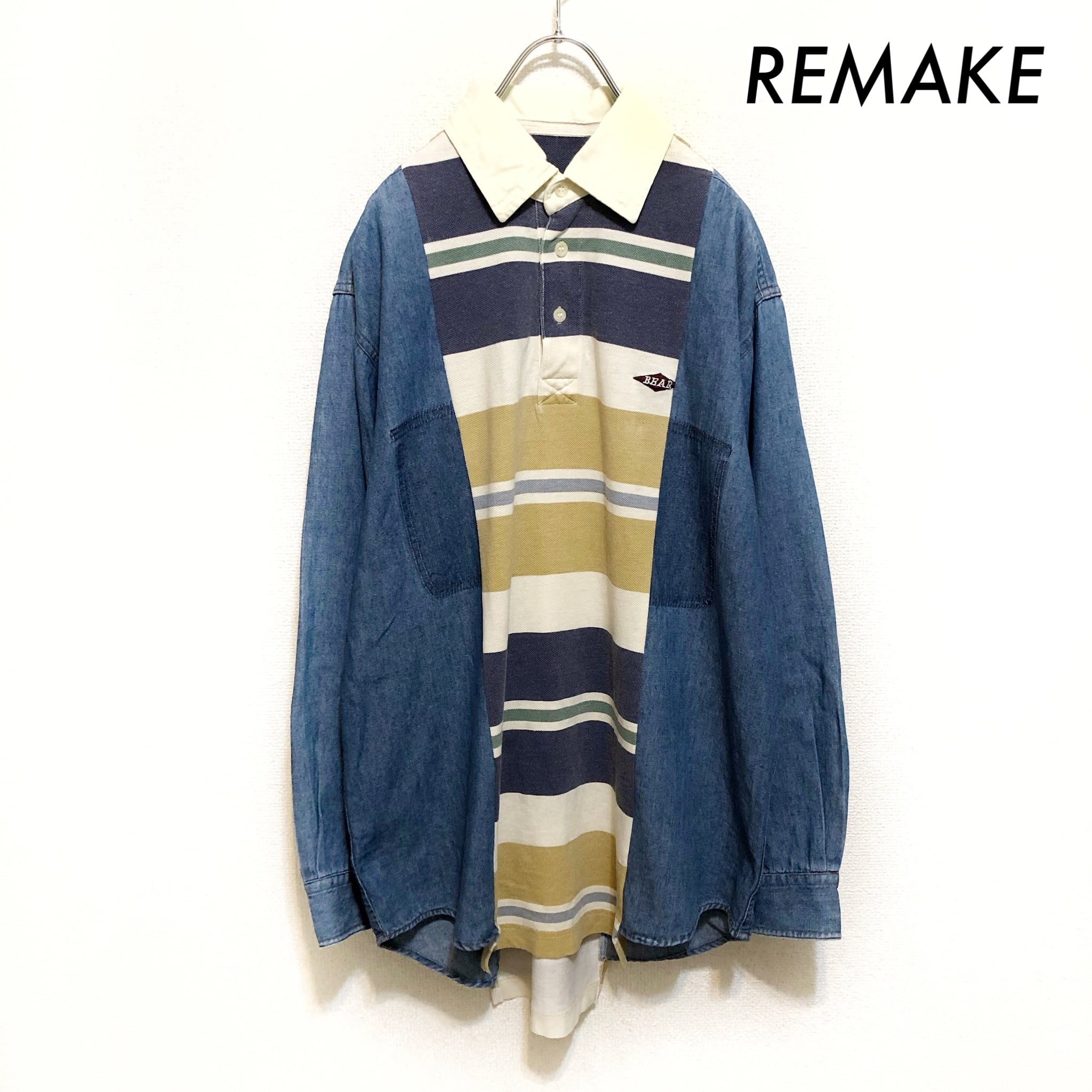 リメイク デニムシャツ ポロシャツ 切替トップス 半袖 ボーダー柄 古着