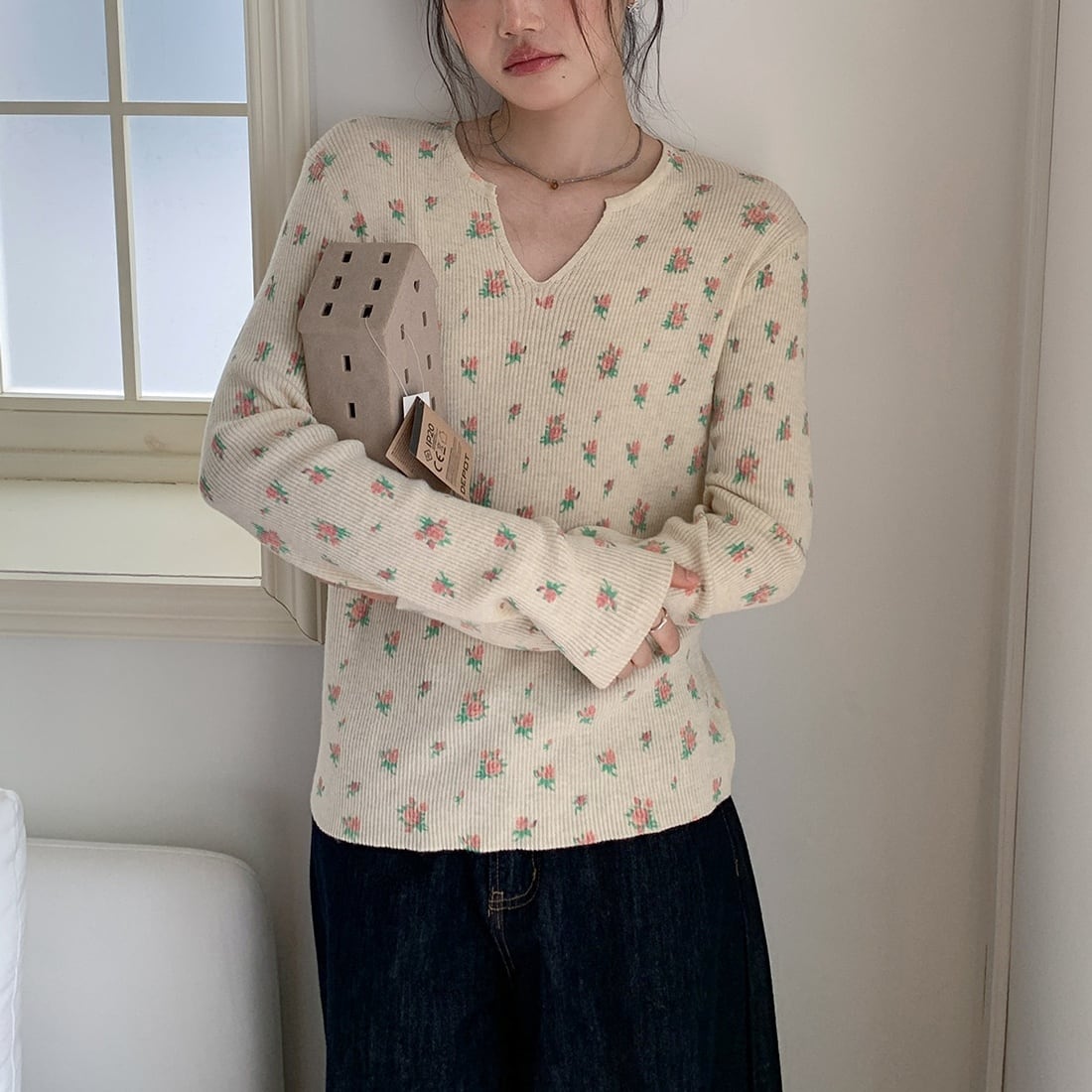 floral v neck long sleeve tops m-0042