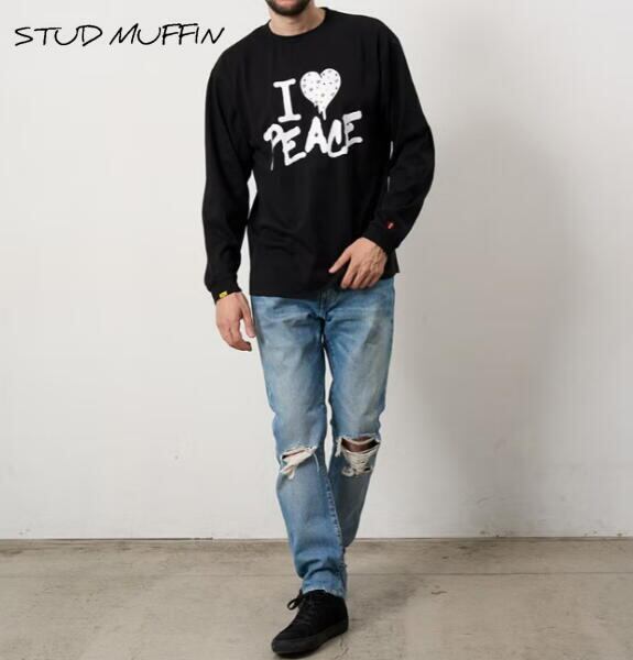 STUD MUFFIN スタッドマフィン ロンT コットン天竺 カラークリスタル メタルミックス 長袖 Tシャツ カットソー メンズ トップス ブラック 624-02896